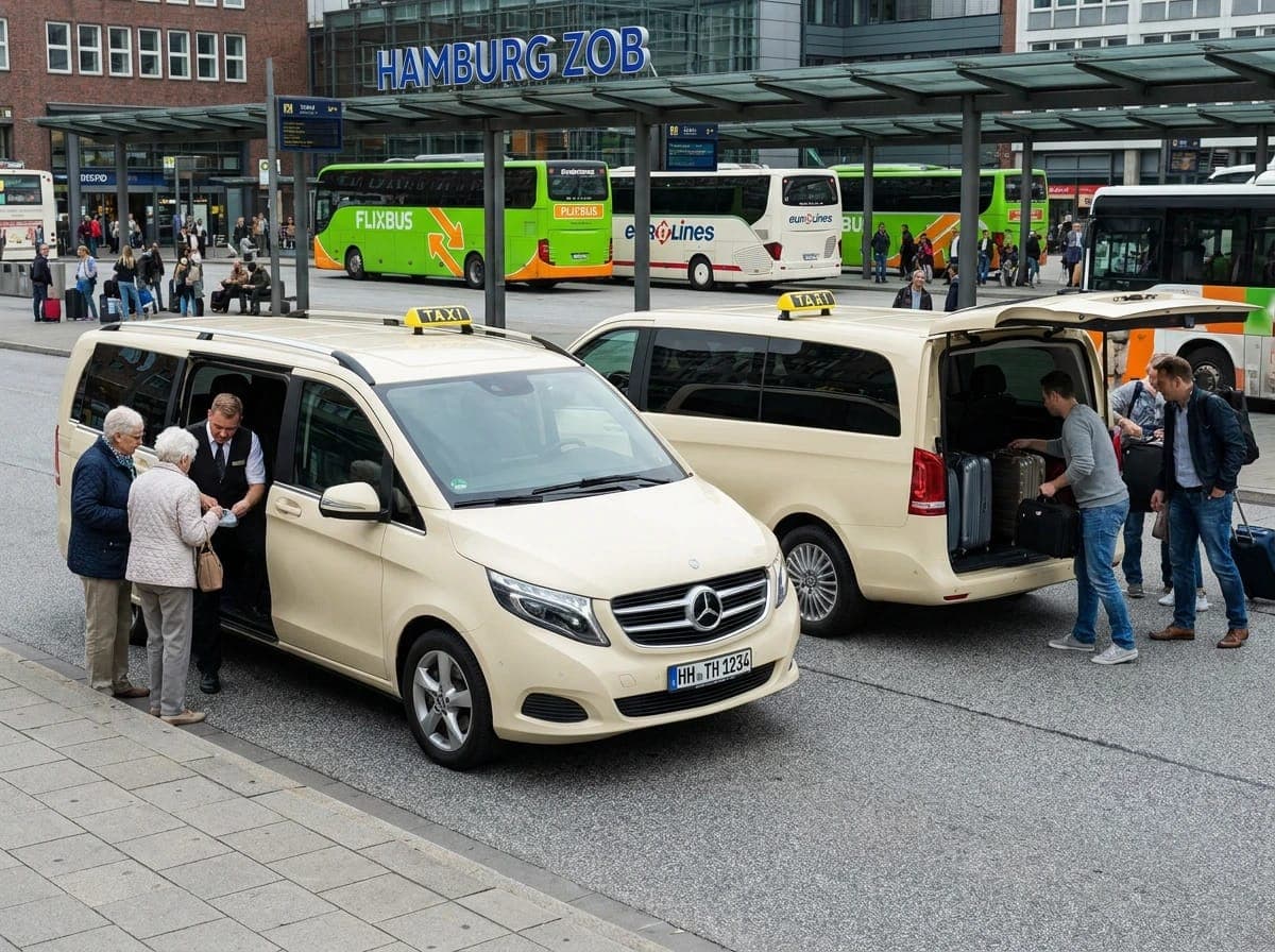 Zwei helle Großraumtaxis am Busbahnhof ZOB Hamburg, an der offenen Schiebetür spricht ein Fahrer mit zwei älteren Frauen, dahinter Fernbusse